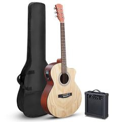 No logo 41-inch Willow panel guitar with matte binding, comes with a 15W amplifier, bag, tuner, strings and other accessories, natural wood color.