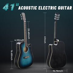 No logo 41-inch basswood top matte binding folk guitar, equipped with 10W amplifier, gig bag, tuner and other accessories, blue rubbed