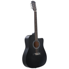 Matte black 41-inch Dreadnought barrel-shaped cutaway acoustic guitar with pick, strings, capo, gig bag, tuner, wrench tool, and shoulder strap