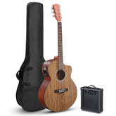 No logo 41-inch walnut top acoustic guitar with matte binding, comes with a 15W amplifier, bag, tuner, strings and other accessories, natural wood color.
