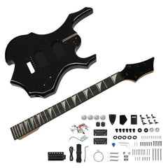 DIY 6 String Flame Shaped Style HSH Electric Guitar Kits with Mahogany Body, Maple Neck and Accessories Black