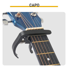 No logo 41-inch Dreadnought barrel-shaped cutaway acoustic guitar with pick, strings, capo, gig bag, tuner, wrench tool, and shoulder strap