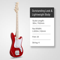 Glarry 30in GB Electric Bass Guitar Short Scale - Red