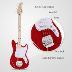 Glarry 30in GB Electric Bass Guitar Short Scale - Red