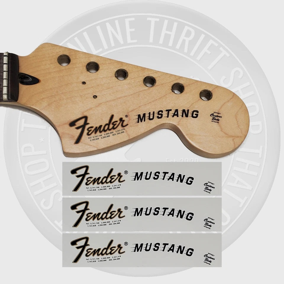 Fender 70's Mustang Waterslide Guitar Neck Headstock Decals (Set of 3)