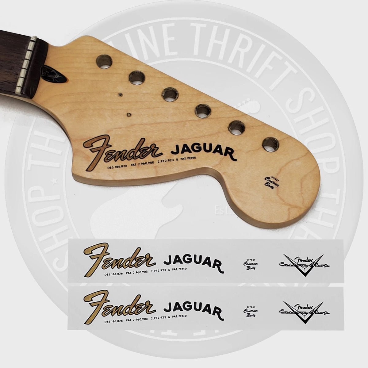 Fender 60's Jaguar Waterslide Guitar Neck Headstock Decals w/ CS Logo (Set of 2)