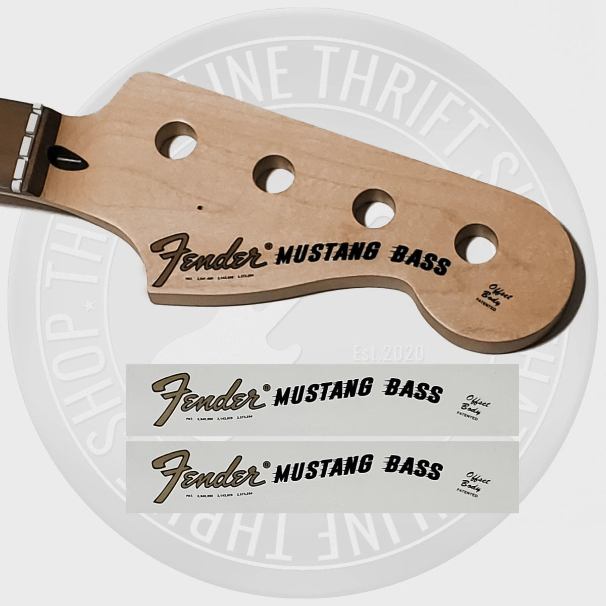 Fender Mustang Bass Waterslide Guitar Neck Headstock Decals (Set of 2)
