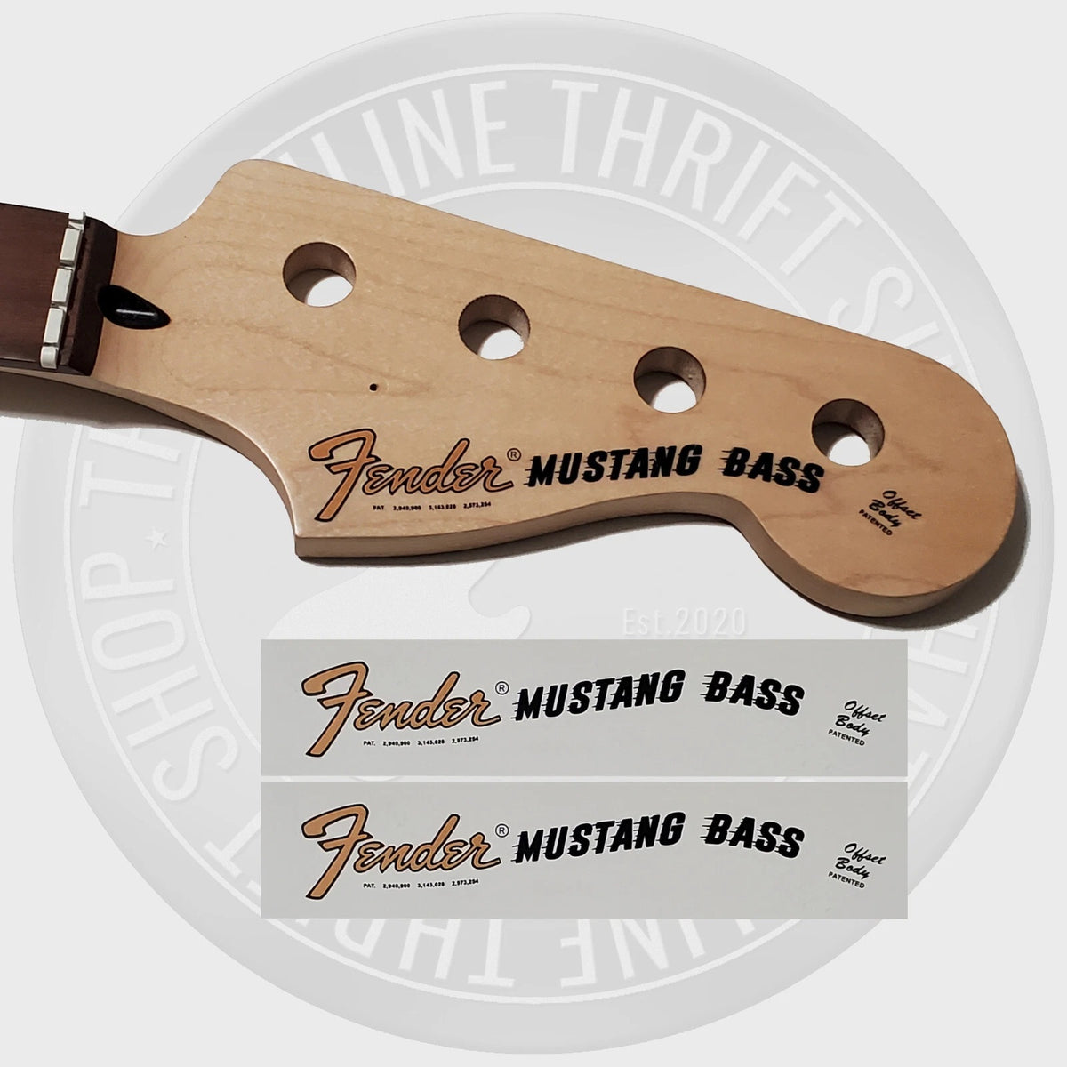 Fender Mustang Bass Waterslide Guitar Neck Headstock Decals (Set of 2)