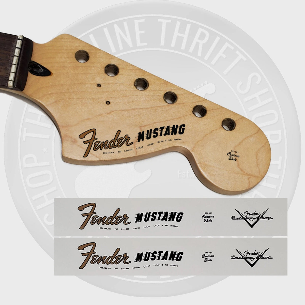 Fender 60's Mustang Waterslide Guitar Headstock Decals with CS Logo (Set of 2)
