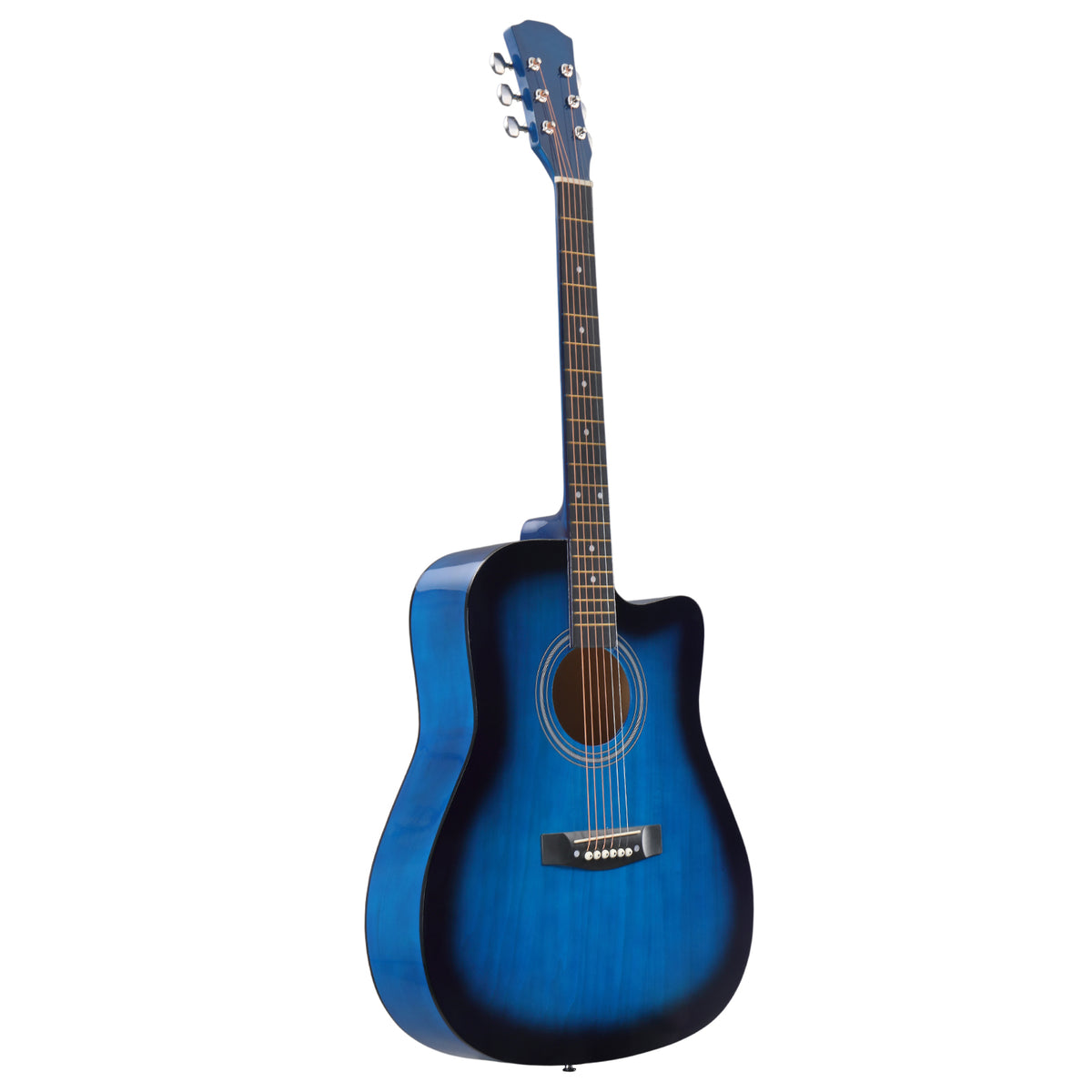 No logo 41-inch Dreadnought barrel-shaped cutaway acoustic guitar with pick, strings, capo, gig bag, tuner, wrench tool, and shoulder strap