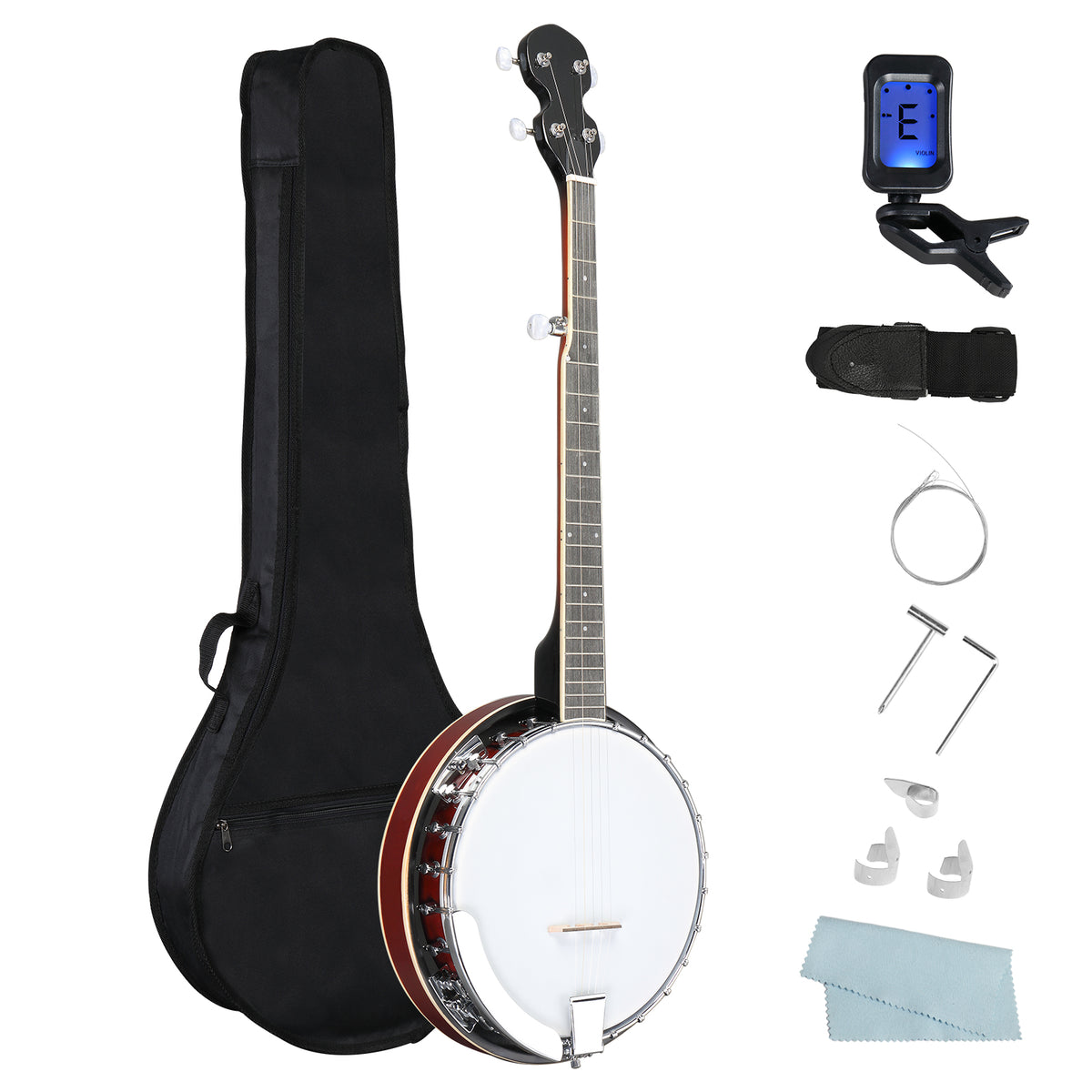 No logo Full Size 5 String Right Handed Banjos Set with Closed Solid Sapele Back & Premium Mahogany Neck and Premium Accessories