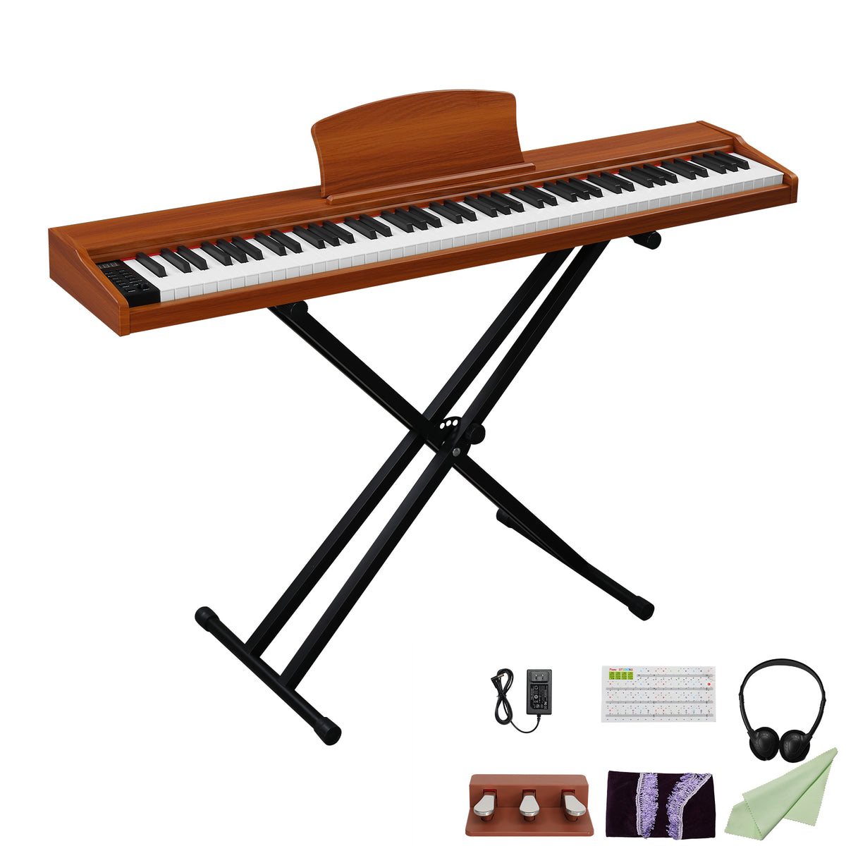 No logo 88 Key Full Size Semi-Weighted Standard Keyboards Wooden Digital Piano with Stand,MIDI Bluetooth,Triple Pedals,Headphone and other accessories, Walnut color