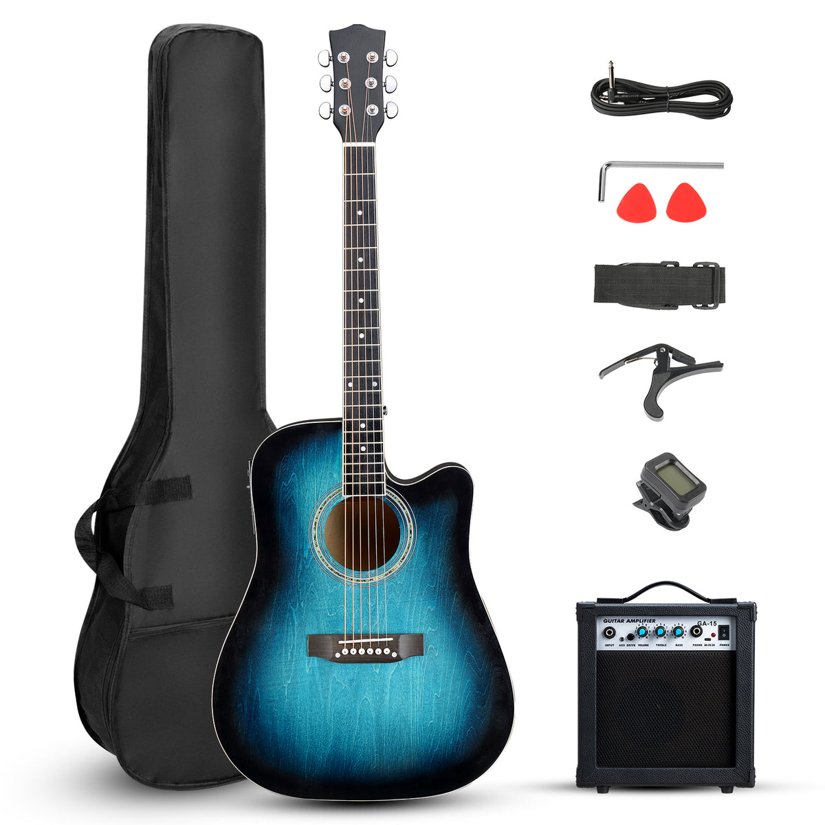 No logo 41-inch basswood top matte binding folk guitar, equipped with 10W amplifier, gig bag, tuner and other accessories, blue rubbed