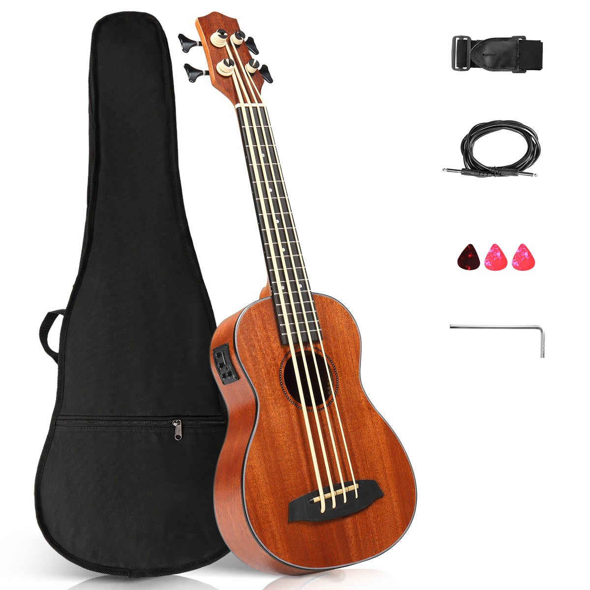 No logo 30-inch ukulele bass mahogany body with EQ, comes with cotton bag, capo, strap, picks*3, wrench tool