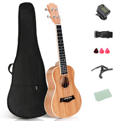 No logo 23in mahogany body rosewood fingerboard ukulele, cotton bag, capo, strap, picks*3, wrench tool
