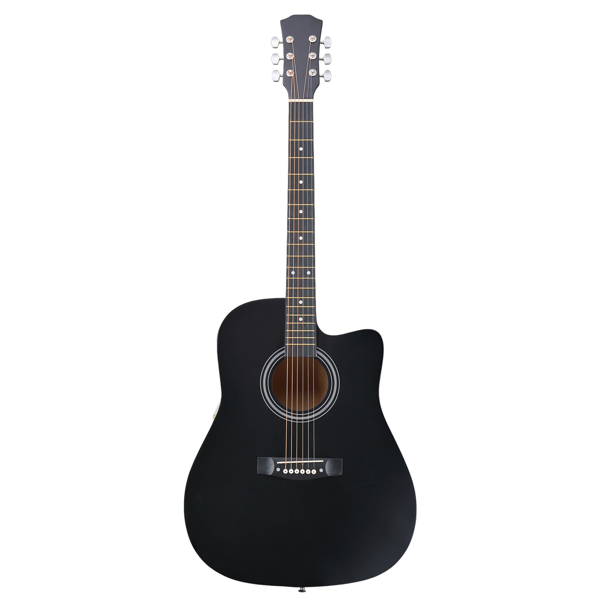 Matte black 41-inch Dreadnought barrel-shaped cutaway acoustic guitar with pick, strings, capo, gig bag, tuner, wrench tool, and shoulder strap