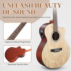 No logo 41-inch Willow panel guitar with matte binding, comes with a 15W amplifier, bag, tuner, strings and other accessories, natural wood color.