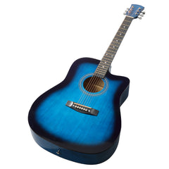 No logo 41-inch Dreadnought barrel-shaped cutaway acoustic guitar with pick, strings, capo, gig bag, tuner, wrench tool, and shoulder strap