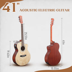 No logo 41-inch Willow panel guitar with matte binding, comes with a 15W amplifier, bag, tuner, strings and other accessories, natural wood color.