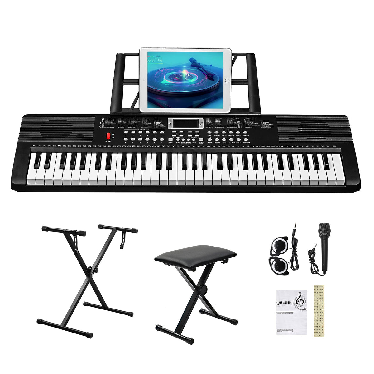 Ozici GEP-203 61 Key Keyboard with Piano Stand, Piano Bench, Built In Speakers, Headphone, Microphone, Music Rest, LED Screen