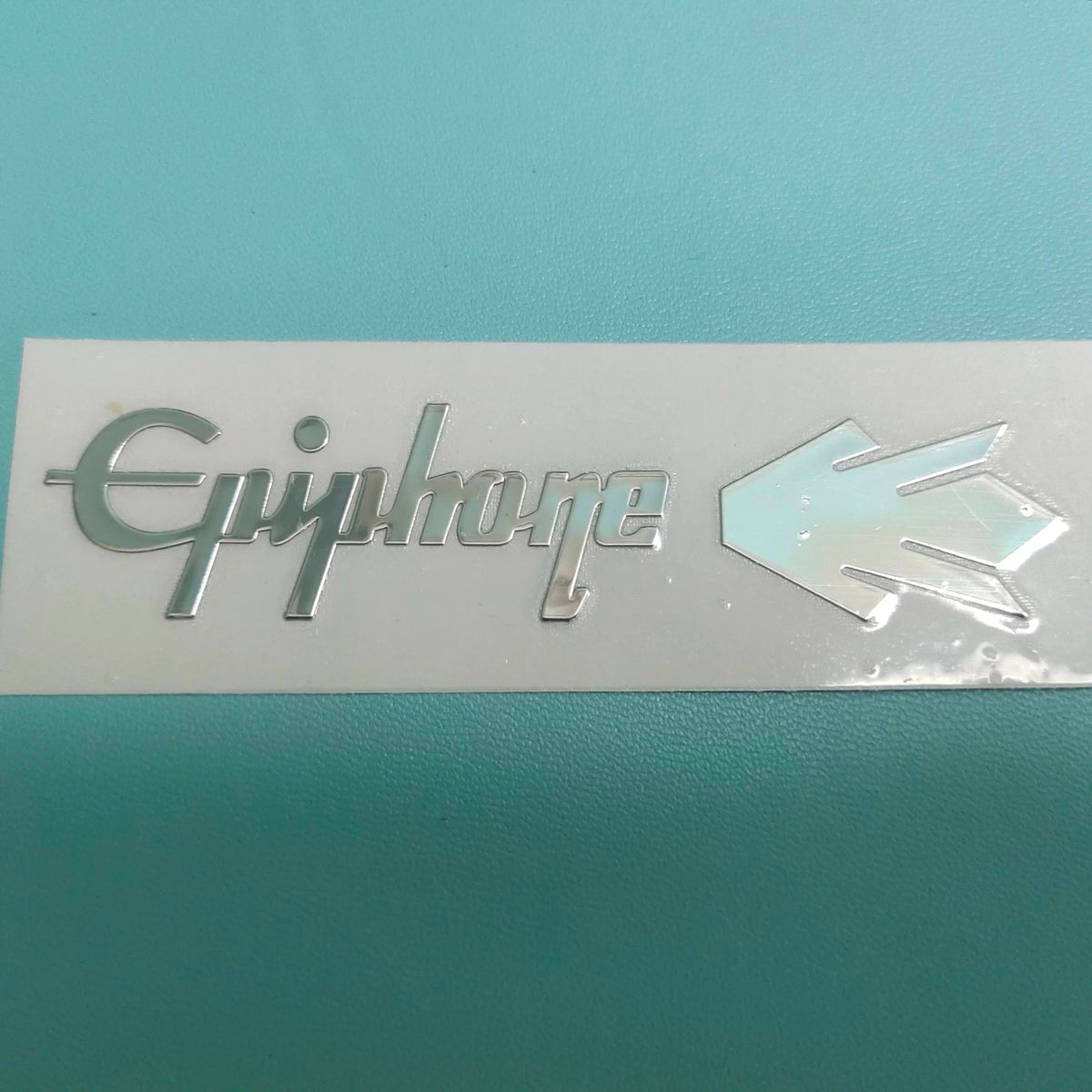 Guitar Head Silver Logo Metal Label UV Adhesive Tear off Film Leave Words - Epiphone