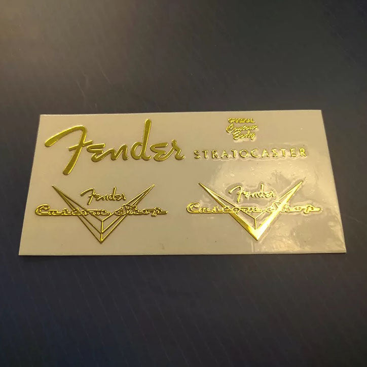 Guitar Head Golden Logo Metal Label UV Adhesive Tear off Film Leave Words - Fender ST