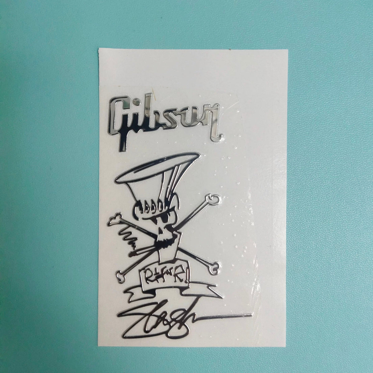 Guitar Head Silver Logo Metal Label UV Adhesive Tear off Film Leave Words - Gibson Slash