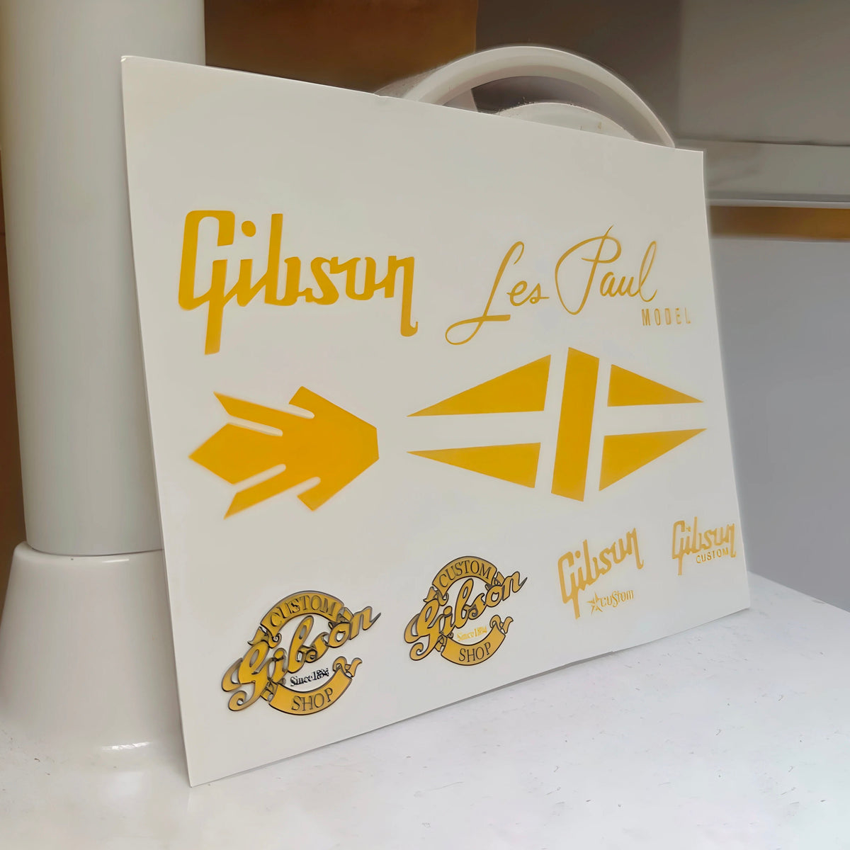 Gibson Guitar Head Logo Water Transfer Tearable Film UV Stickers - Gold Set