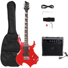 Flame Shaped Electric Guitar with 20W Electric Guitar Sound HSH Pickup Novice Guitar   Audio   Bag   Strap   Picks   Shake   Cable   Wrench Tool Red