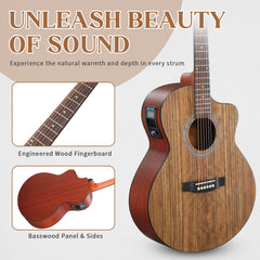 No logo 41-inch walnut top acoustic guitar with matte binding, comes with a 15W amplifier, bag, tuner, strings and other accessories, natural wood color.